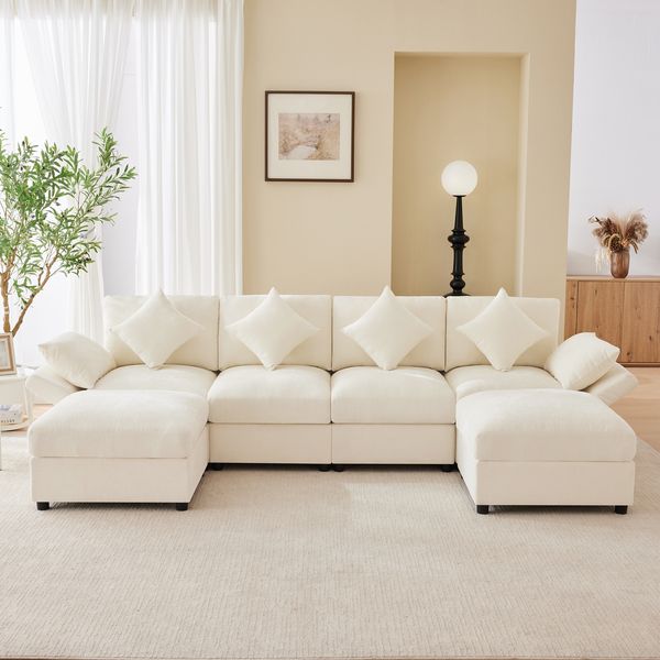 Merax U‑/L‑förmiges Chenille‑Sofa mit 2 Hockern, umwandelbare Eckcouch mit verstellbaren Armlehnen, Cloud‑Sofa‑Design, inkl. 4 Dekokissen und 2 Kopfstützen, Chenille‑Stoff, Beige