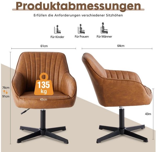 Refined Living Bürostuhl Schreibtischstuhl Ohne Rollen Drehstuhl Höhenverstellbar PU Stoff (Kinderstuhl Bürostuhl Vintage Schminktisch Stuhl Bis 135 kg Belastbar, 1 St), für Zuhause, Schlafzimmer, Büro, Arbeitszimmer, Make-up-Stuhl ( Braun)