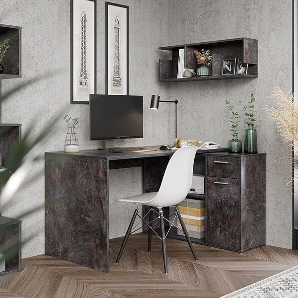 Schreibtisch klein 136 x 101 x 75 cm Betonoptik Grau – Bürotisch Eckschreibtisch RICOO WM083-BG