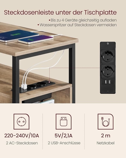 Vasagle Beistelltisch mit Steckdosenleiste und 2 Schubladen, Holzspanplatte, Kamelbraun, 60 x 35 x 61 cm, 1 Stück Bild 4