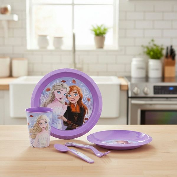 Disney Kindergeschirr-Set Disney Die Eiskönigin Elsa Kinder Geschirr-Set 5 teilig (5-tlg), 1 Personen, Becher Teller Schüssel