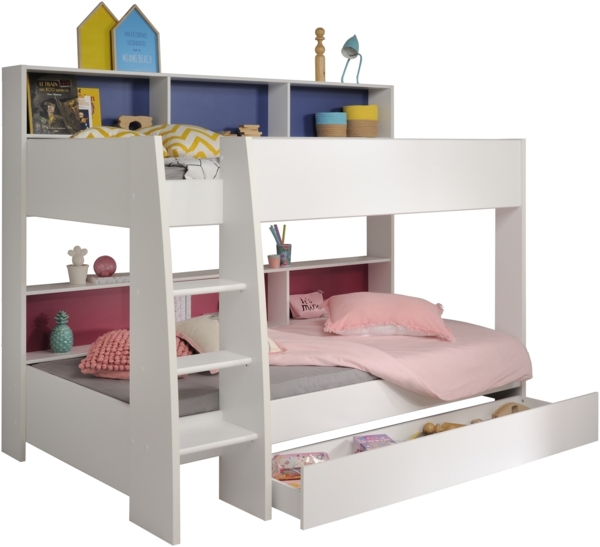 Etagenbett >Tam Tam 11< in Weiss, Absetzung Blau / Pink - 208x164x132cm (LxHxT)