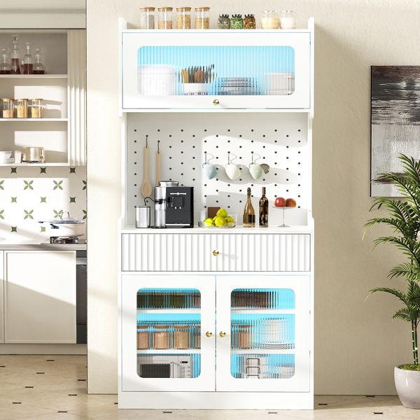 Highboard mit verstellbaren Regalböden und Schubladen, Küchenschrank mit LED-Beleuchtung und Riffelglas , Ideal für Esszimmer, Wohnzimmer und Küche (Weiß)