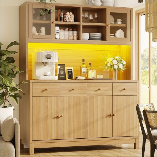 Flieks Küchenbuffet Hochschrank mit App-gesteuerter RGB-LED, Glastüren, 4 Schubladen (mit Arbeitsplatte in Holzoptik, 1-St, 140 x 40 x 180 cm) Küchenschrank Mehrzweckschrank mit verstellbare Einlegeböden Natur