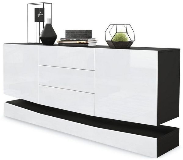Vladon Sideboard City, Schwarz matt/Weiß Hochglanz - Moderne Kommode für Ihr Wohnbereich (178 x 72 x 38 cm)