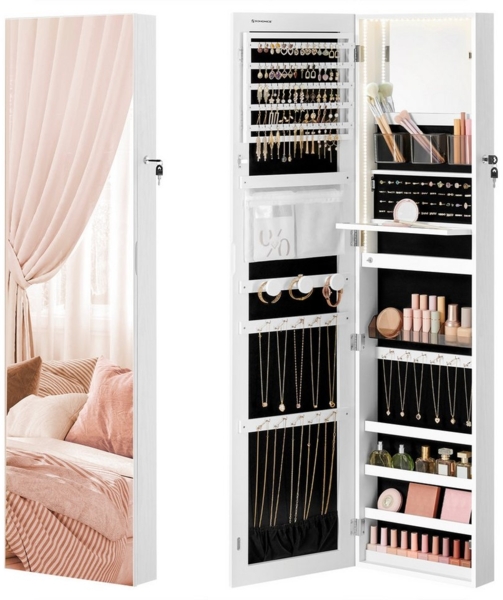 SONGMICS Schmuckschrank 140 cm hoch, Schmuckorganizer mit beleuchtetem Innenspiegel, Spiegelschrank wand- oder türmontiert, abschließbar, Geschenkidee, wolkenweiß JJCDE032W01