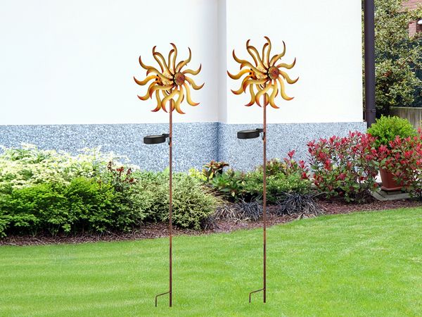 2er Set Solar Gartenstecker Windrad mit Erdspieß in Orange-Gelb & Kupfer H: 92cm