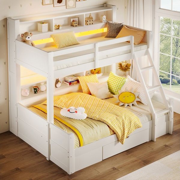 Flieks Etagenbett, Kinderbett 90x200+140x200cm mit Schrägleiter Schublade LED-Lichtleiste