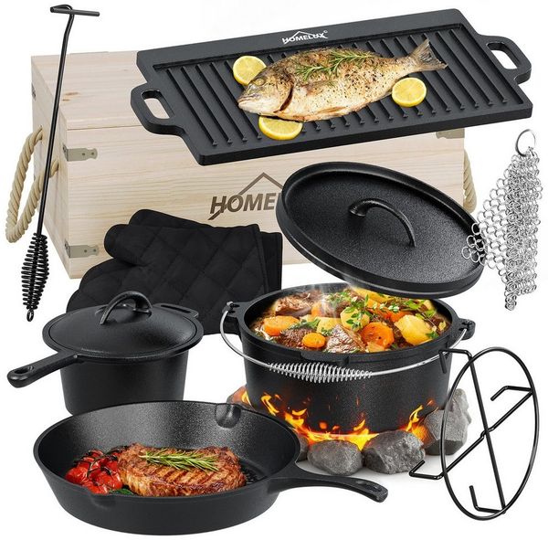 HOMELUX Topf-Set 10/12-tlg. Dutch Oven Set in Holzkiste Kochtopf Grillplatte Stieltopf, Gusseisen (Set, 10-tlg, Handschuhe, Stapelrost, Ringreiniger, Deckelheber), Gusseisen, vorgebacken, Hitzebeständig bis 280 °C