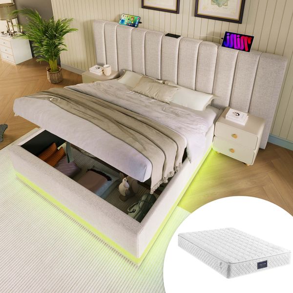 Doppelbett 160x200 cm mit 360° LED, USB-C, hydraulischem Stauraum & inkl. Matratze in Beige