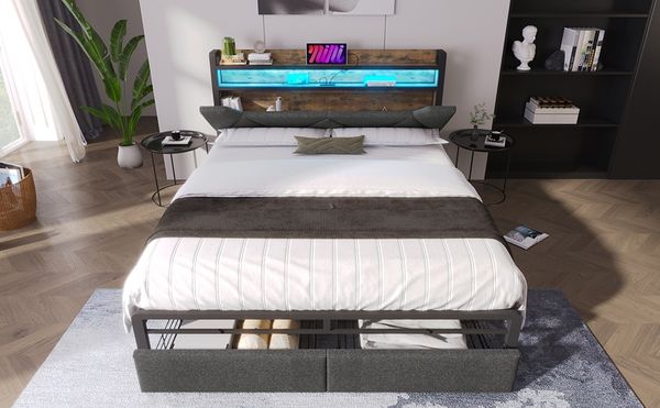 Bettgestell 140×200 cm mit LED-Kopfteil, Stauraum, USB/Typ-C & 2 Schubladen, grau