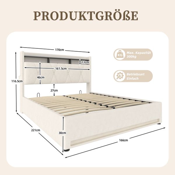 Polsterbett, Samt mit LED & USB-Anschluss, Stauraum, 160x200 cm, Beige, ohne Matratze Bild 10