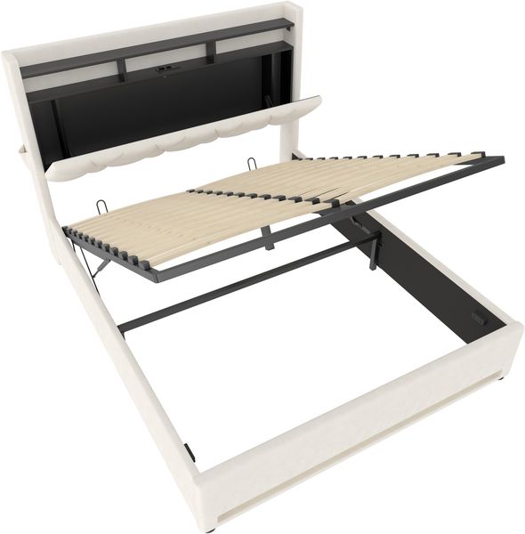 Polsterbett, Samt mit LED & USB-Anschluss, Stauraum, 160x200 cm, Beige, ohne Matratze Bild 9