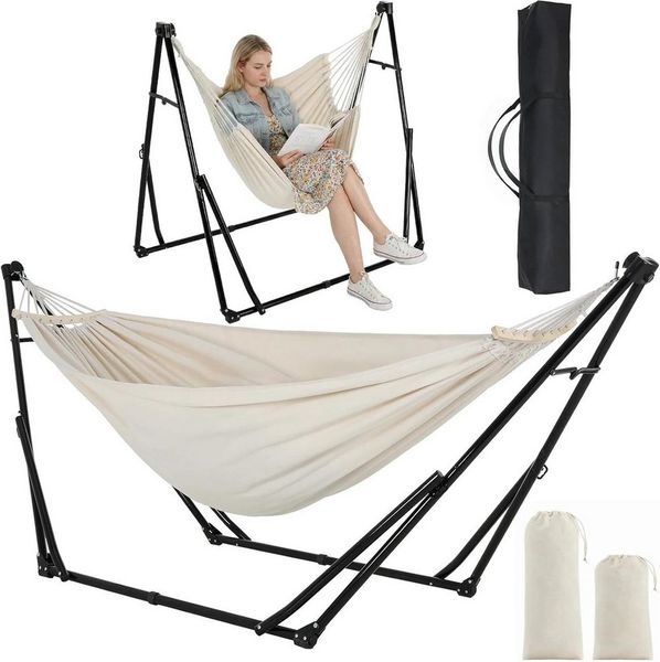 TLGREEN Hängematte mit Gestell,Premium Hängematten-Gestell-Set – 2-in-1, (Faltbar, Verstellbar, Stabiler Gartenhängematte, 231x89 cm, Bis 200 kg, für Garten Balkon Camping Indoor, Tragetasche)