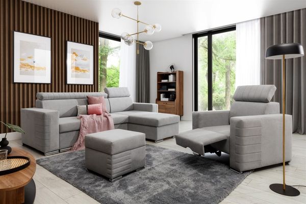 Ecksofa inkl. Hocker und Sessel CANTON Stoff Camelia Hellgrau Ottomane Rechts