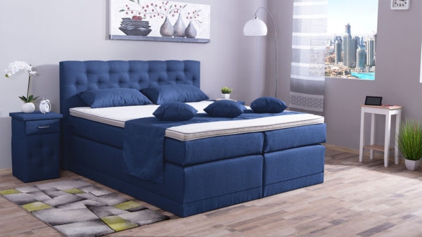 Meisterbetten Boxspringbett Babo 140x200 in WT-Dunkel Blau, Matratzenbezug Nano, Komfortschaum-Topper