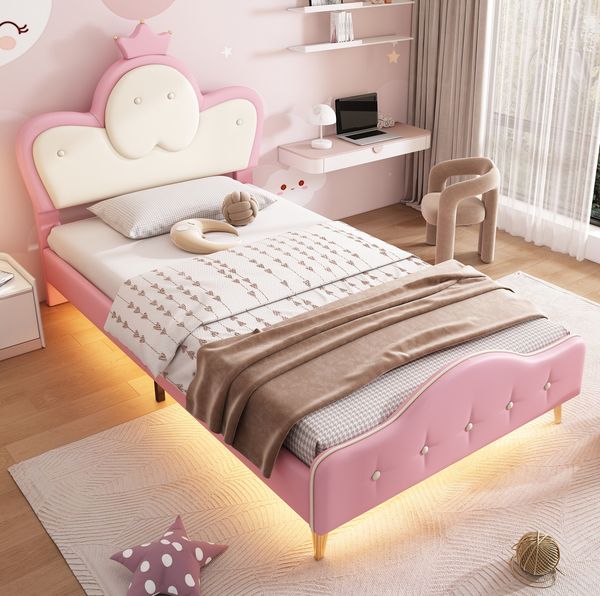 Polsterbett 90x200 cm mit LED-Beleuchtung aus PU in Rosa/Weiß – Kopfteil mit Krone