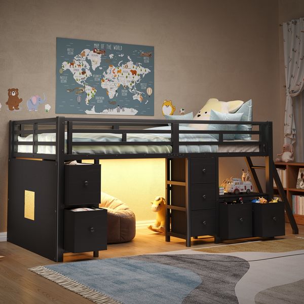 Merax Kinderbett, Hochbett (90 x 200 cm) mit 7 Schubladen und LED-Beleuchtung, Schwarz