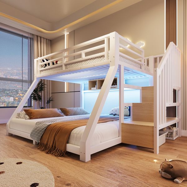 Merax Etagenbett, 90x200 cm 140x200 cm, Einzelbett, Kinderbett, Mit LED-Lichtleisten, Drei Staufächer, Treppenkonstruktionen mit Stauraum, Geländer, Stufe, en747 zertifiziert, Weiß