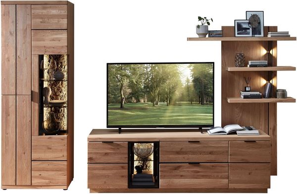 Wohnconcept Wohnwand Donna Wohnwand, 310x207x50 (BxHxT) Echtkork Absetzung, (3-St), Beleuchtung optional, Softclose, Vitrine L/R verwendbar