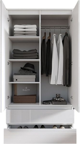 Furnica Kleiderschrank weiß matt Garderobe, 2 Türen und 2 Schubladen H180cm B90cm T50cm