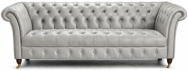 Casa Padrino Luxus Chesterfield Leder 3er Sofa Hellgrau 235 cm - Echtleder Möbel