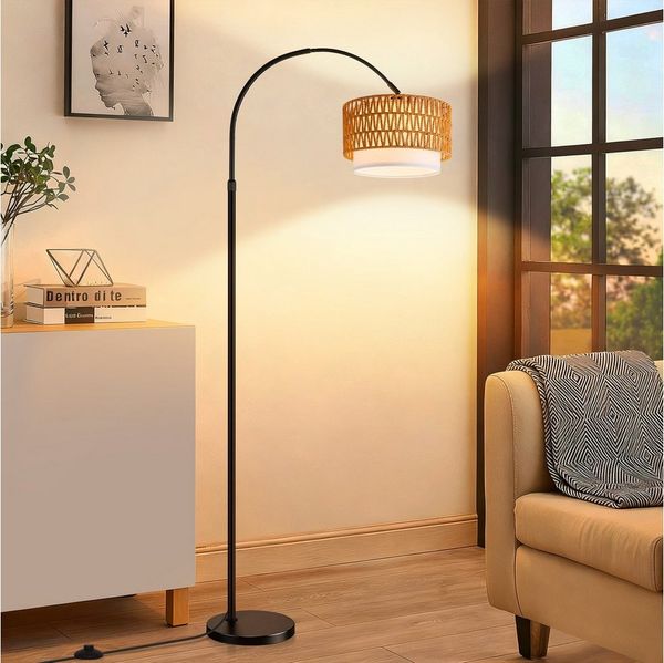 ZMH Stehlampe Boho Rattan Bogenlampe E27 LED Stehleuchten-mit 1 Glühbirnen, Vintage 165–180cm einstellbar 350° drehbar Standlampe