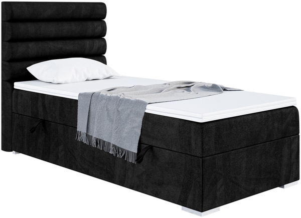 MEBLINI Boxspringbett KARIM 80x200 cm mit Bettkasten - H4/Schwarz Samt Gepolstert Einzelbett mit Topper & Taschenfederkern-Matratze - 80x200 Links