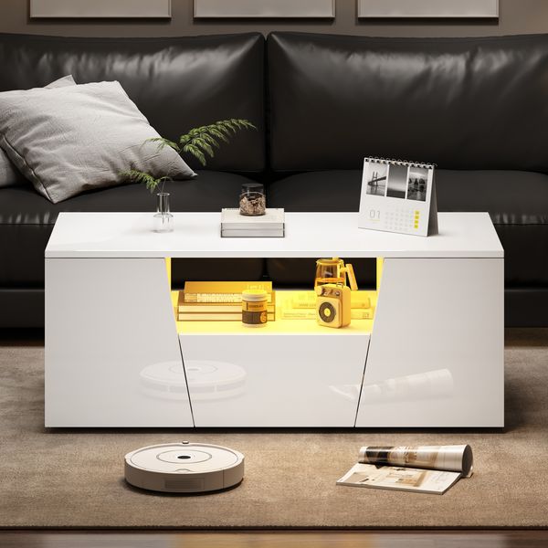 LED-Couchtisch 100x50x40 cm mit Hochglanzfront, 2 Schränken, 1 Schublade & offenem Ablagefach,Weiß