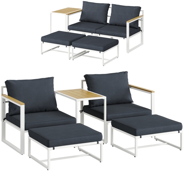 STEELSØN 'Asteri' Gartenlounge-Set, 5-tlg. Metall Sitzgruppe mit 2 Sesseln, 2 Hockern und Tisch, inkl. Polster, weiß/anthrazit