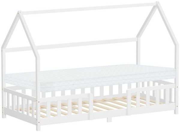 ML-DESIGN Spielbett Hausbett Kinderbett inkl. Lattenrost kreativ Bodenbett für Kinder, Abenteuerbett mit Matratze H-10 cm 90x200 cm Holzbett Weiß Bettgestell