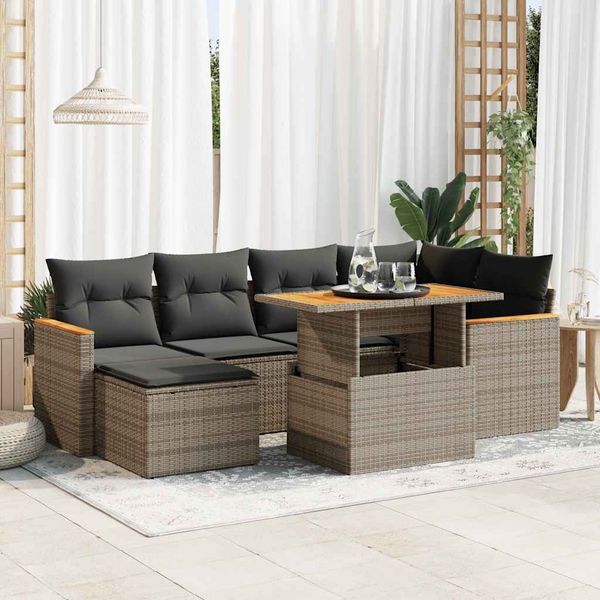 vidaXL 7-tlg. Garten-Sofagarnitur mit Kissen Grau Poly Rattan Akazie 3327511