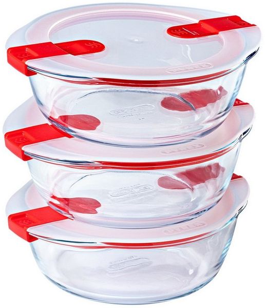 PYREX Frischhaltedose Cook & Heat, Borosilikatglas, (Lunchbox-Set, 3-tlg, rund, je 1 l), mit Ventil, auslaufsicher, mikrowellengeeignet