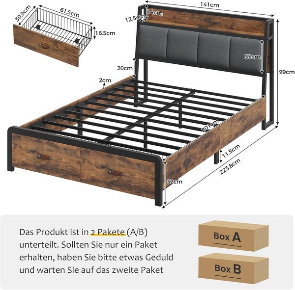 KIMENICH Metallbett Bettgestell mit Ladestation und 2 Schubladen, Jugendbett (1-tlg, Ohne Matratze), 140x200cm, Schwarz+Vintage Braun