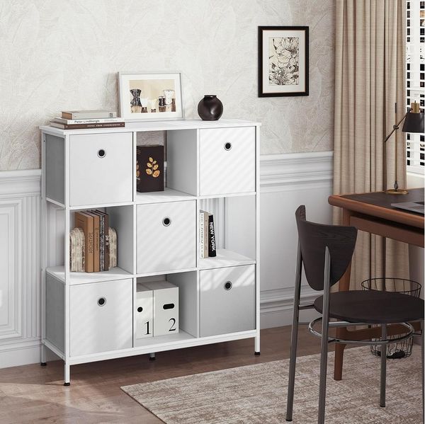 Woltu Bücherregal, mit 4 offenen Fächern, 5 Vliesstoff-Schubladen, Standregal 90x30x100cm