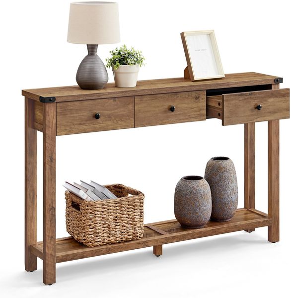 VASAGLE Konsolentisch, Beistelltisch, schmaler Sofatisch, mit 3 Schubladen und Einer Ablage, für Flur, Wohnzimmer, Landhausstil, honigbraun LNT142KB01