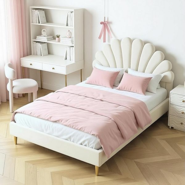 Simurq Polsterbett Kinderbett Mädchen 140x200 cm, Kopfteil in Blumenform Muschelform, Doppelbett Gepolstertes Bettgestell mit Lattenrost,Samt