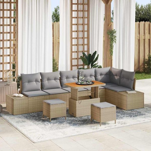 vidaXL Gartensofa-set mit Kissen mit Speicher 9 pcs Beige Poly Rattan 3364757