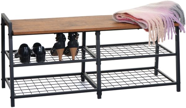 Schuhregal HWC-A27, Schuhschrank Schuhablage Sitzbank, 4 Fächer Metall 3D-Struktur 40x107x38cm, Wildeiche-Optik