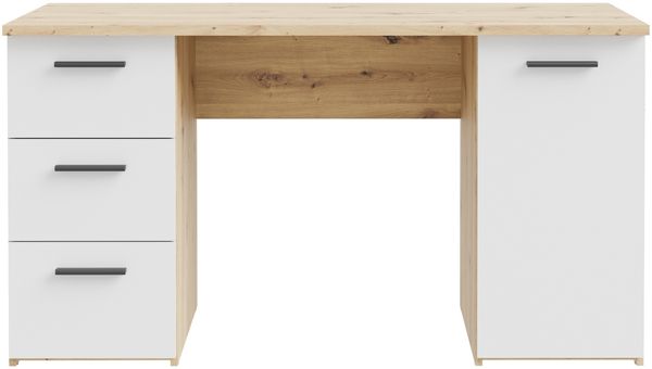 Schreibtisch >NET307< 3 Schübe, 1 Tür, Weiss / Artisan Eiche Dekor - 138,2x75,3cm (BxH)