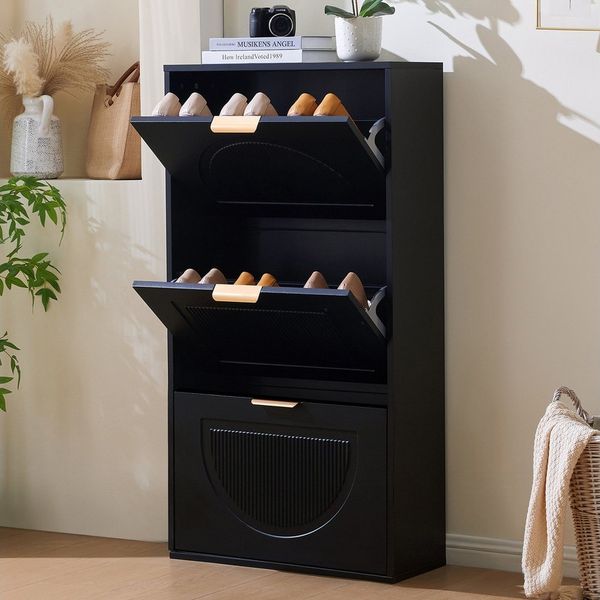 Flieks Schuhschrank (B60/T24/H114 cm, 1-St, ca 12 Paar Schuhe) Schuhregal mit 3 Klappen Schuhkipper Schuhkommode Schwarz