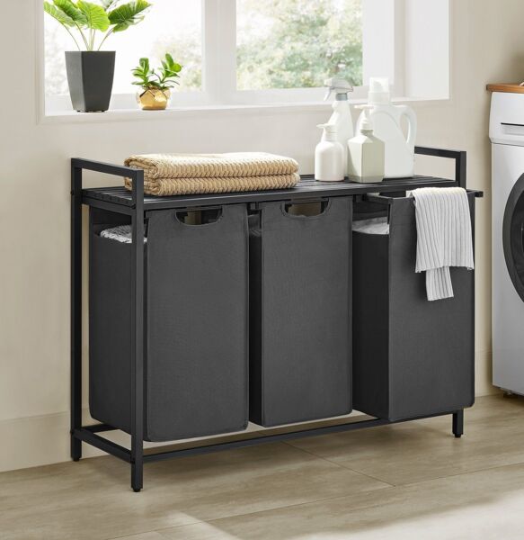 Vasagle Wäschekorb mit 3 Fächer, Metallrahmen Schwarz/Grau, 3x38 L / 92,5 x 33 x 72 cm