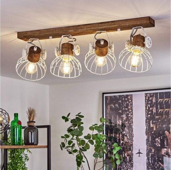 hofstein Deckenleuchte »Cotes« Deckenlampe aus Holz/Metall, Braun/Weiß Schirme, Gitter-Optik, ohne Leuchtmittel, Leuchte m. Holzbalken, Textilkabeln u. verstellbaren Strahlern, 4xE27