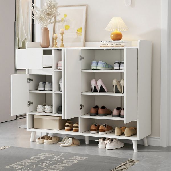 Flieks Schuhschrank mit 1 Schubladen und 4 Türen Weiß/Natur (B120/T35/H99 cm, 1-St, mit verstellbaren Einlegeböden) Schuhkommode Mehrzweckschrank Sideboard, Massivholzbeine