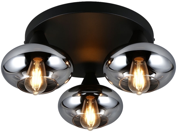 Deckenlampe, Metall, schwarz, rauchfarbenes Glas, D 39 cm