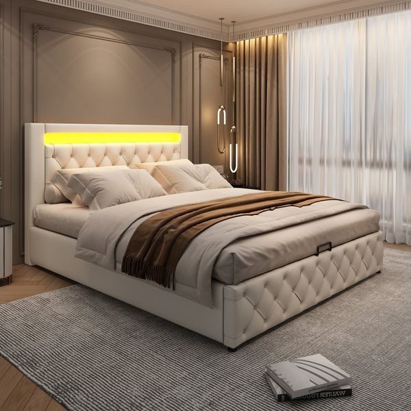 MODFU Polsterbett Bett mit Stauraum gepolstertem Kopfteil (180 x 200cm mit Matratze, 2-tlg, Leder Bezug aus Hautfreundlicher Kunstleder), Funktionsbett mit Lattenrost und Stauraum,Mit LED-Beleuchtung