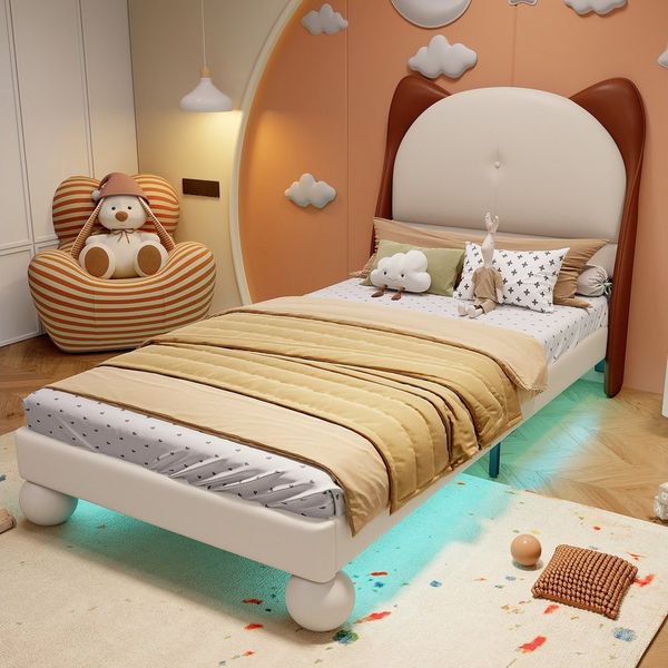 Flieks Polsterbett, Led Kinderbett Einzelbett 90x200cm mit Katzenohrenformkopfteil