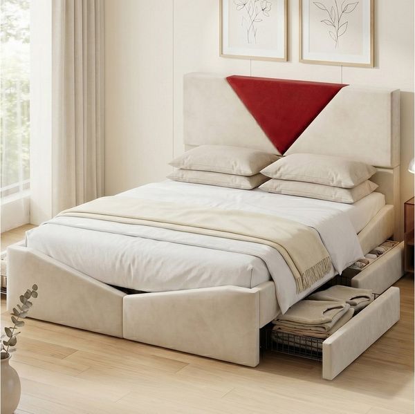 zebery Stauraumbett Polsterbett Doppelbett Mit 4 Schubladen (Packung, 1-tlg), 140x200 cm,Mit Kopfteil und Bettgestell,Samtstoff,Beige