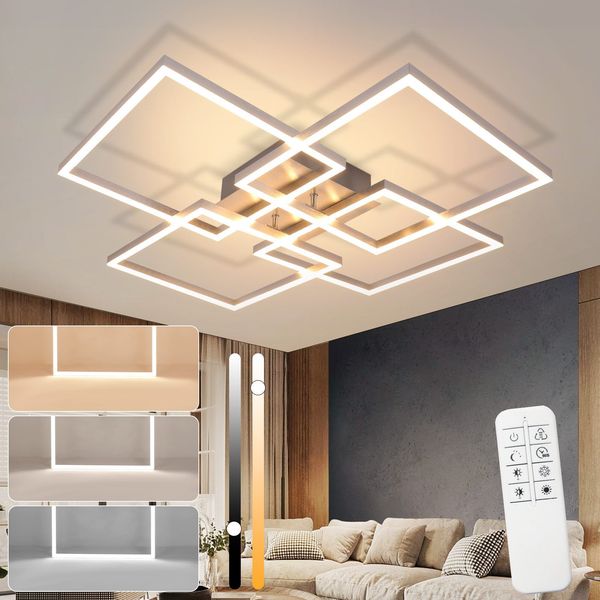 ZMH Deckenlampe LED Deckenleuchte Wohnzimmer - 64CM Wohnzimmerlampe Modern Dimmbar mit Fernbedienung 36W Silber Schlafzimmer Deckenbeleuchtung Rechteckig Design Küchenlampe für Esszimmer Küche