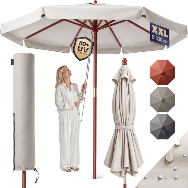 Kingsleeve Sonnenschirm 330 cm Holz mit UV Schutz 80+ Schutzhülle Balkon Garten creme
